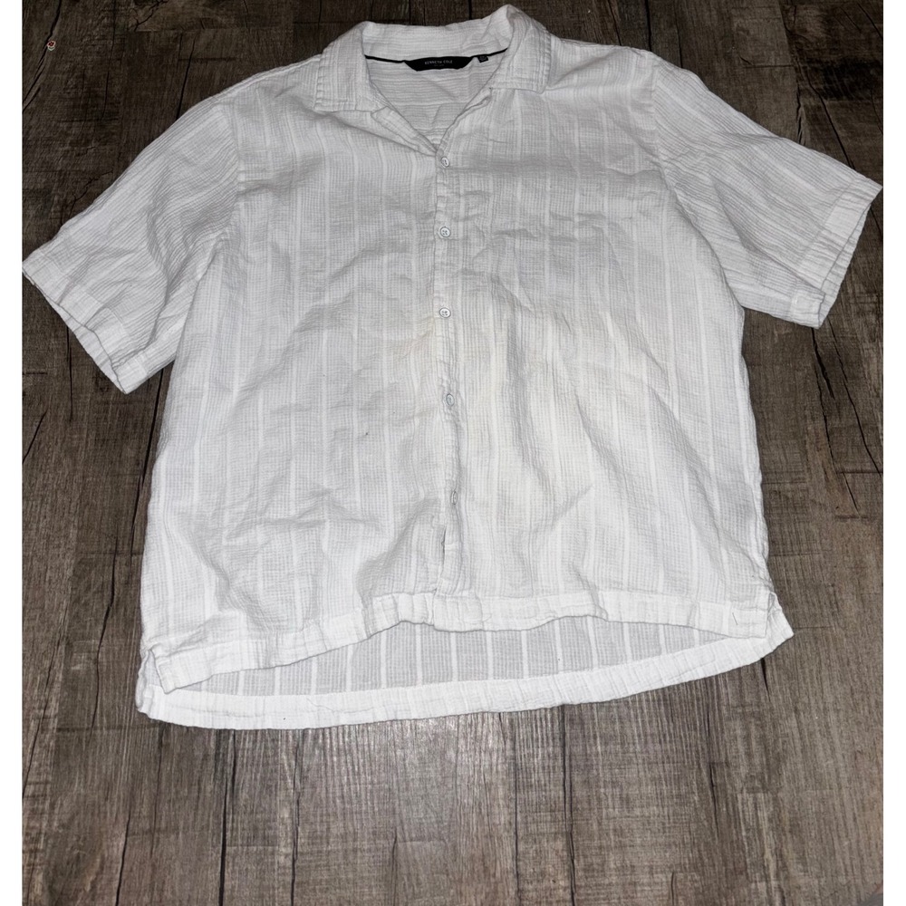 Kenneth Cole New York Mens White Textured Stripe Short‎ Sleeve Button Down XL